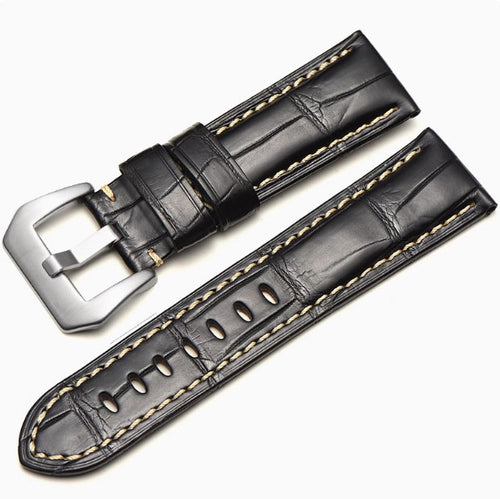 Black with white stitching Alligator Leather Watch Strap with ,handmade, compatibility with Panerai